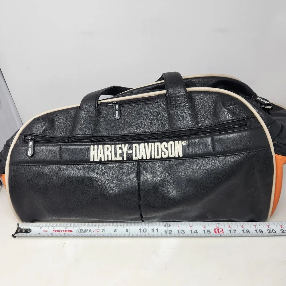 Harley-Davidson Black Leather Duffle Bag Orange Trim Biker Travel Weekend Bag